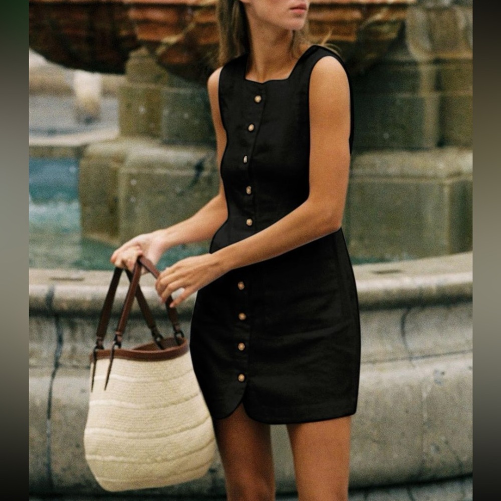 NWT Commense Black Linen Button Down Mini Sheath Dress
